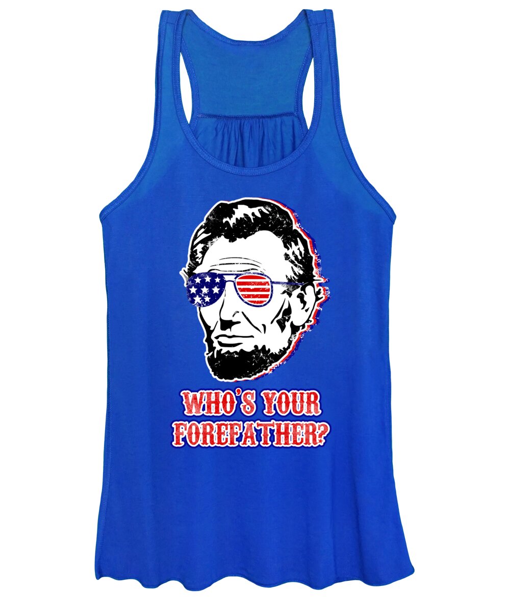 Royal blue women's tank top with Abe Lincoln portrait graphic and “WHO'S YOUR FOREFATHER?”