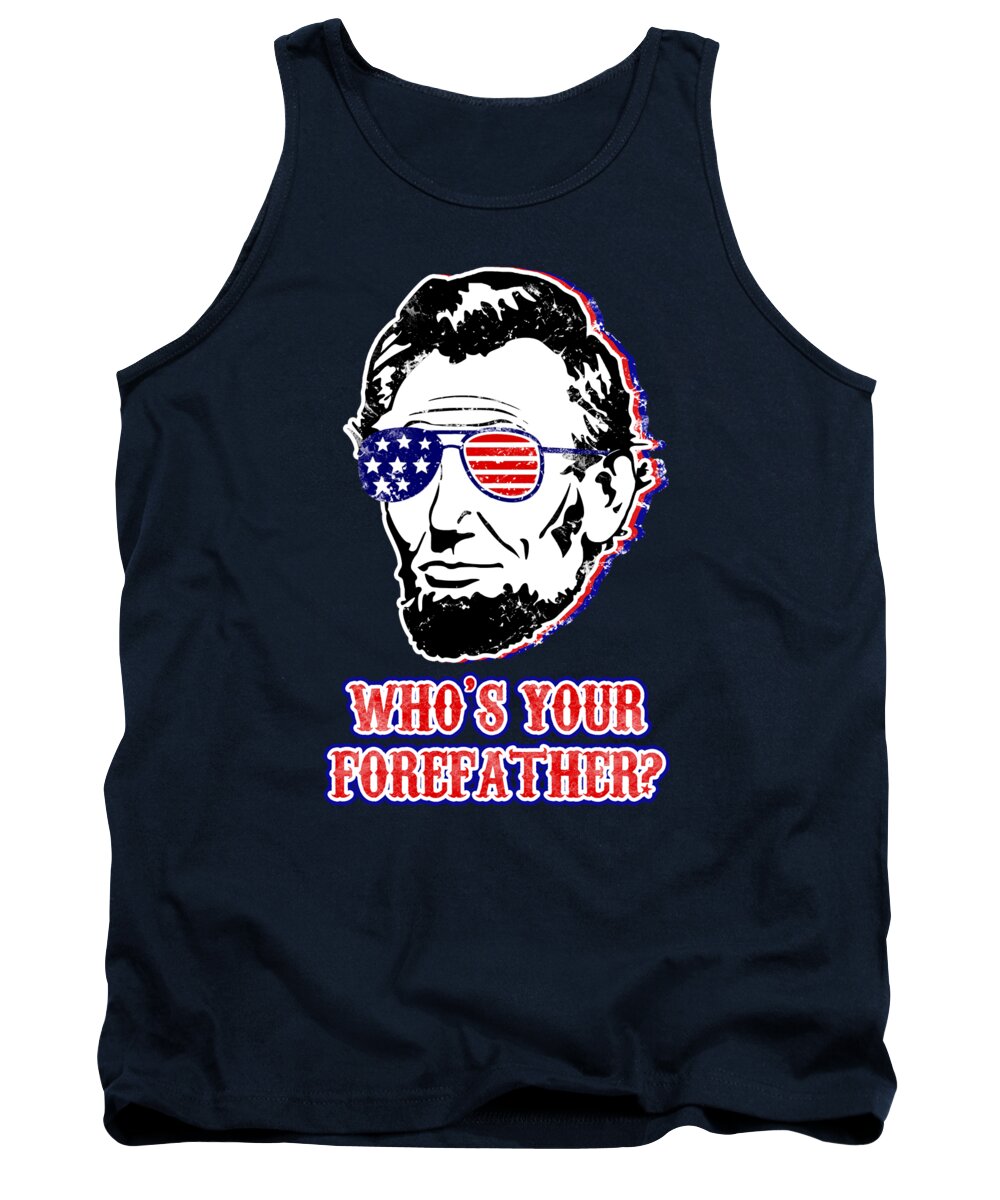 Navy tank top with front graphic of Abraham Lincoln head and patriotic text.