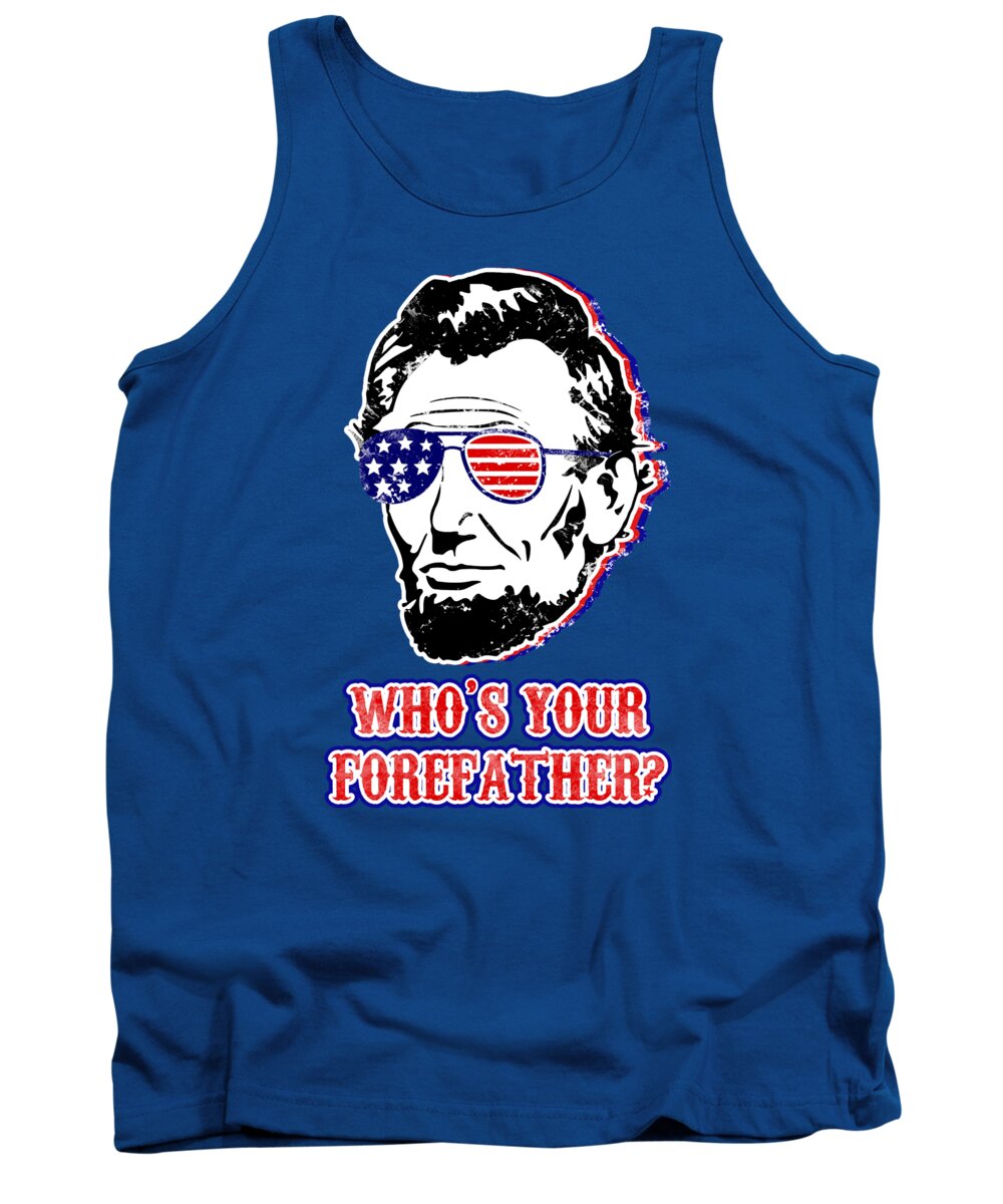 Royal blue tank top with front graphic of Abraham Lincoln head and patriotic text.