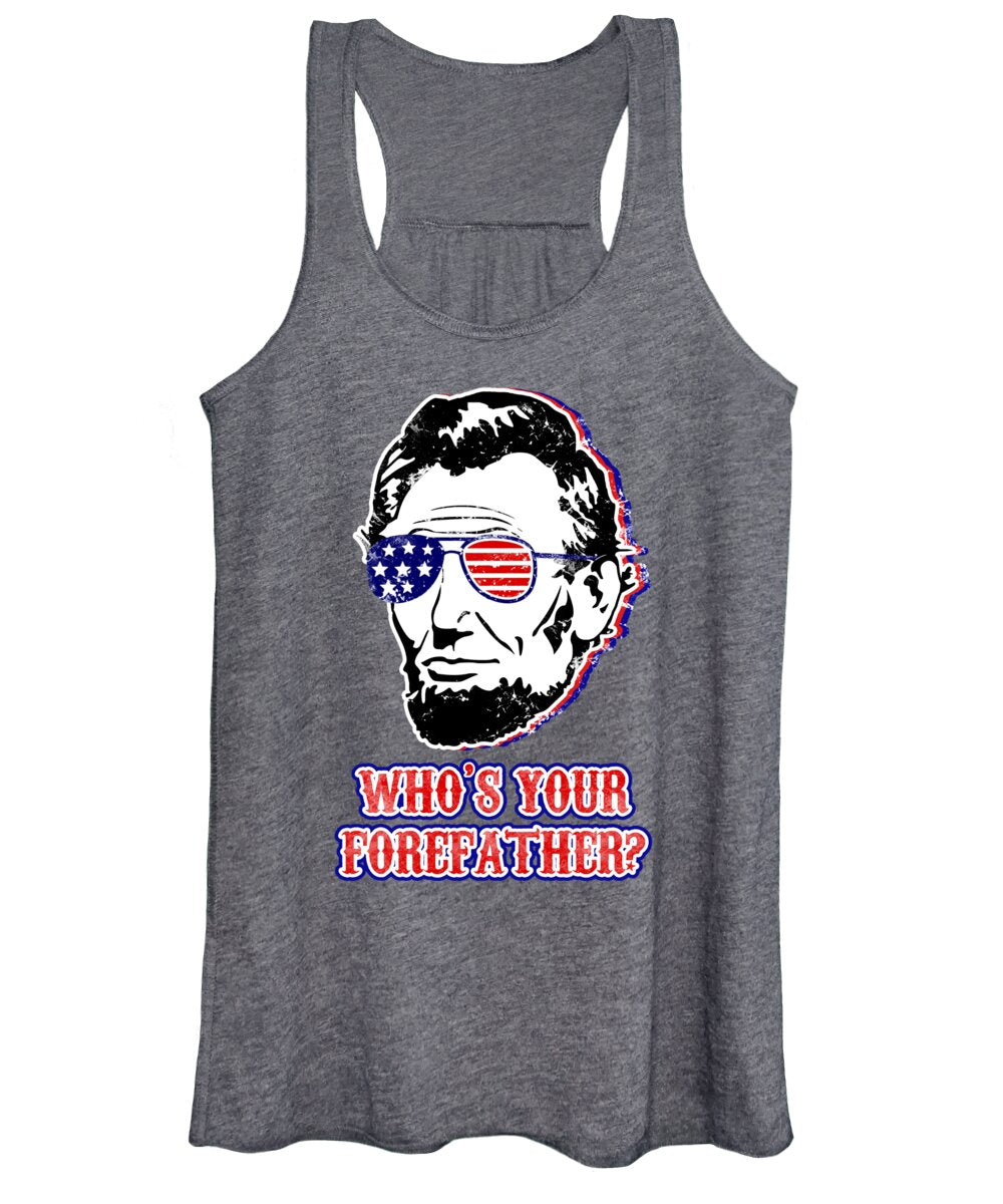 Charcoal gray women's tank top with Abe Lincoln portrait graphic and “WHO'S YOUR FOREFATHER?”