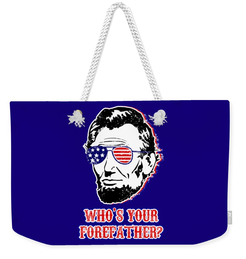 Weekender tote bag with bold dark blue front and graphic Abe Lincoln face, top rope handles