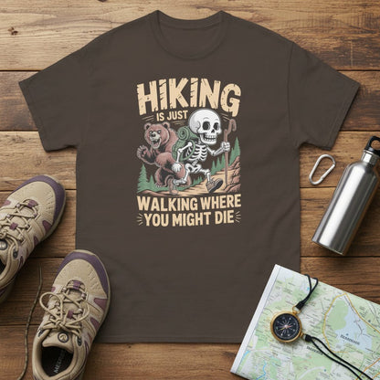 Charcoal graphic hiking T-shirt with skull-and-bear cartoon and slogan text.
