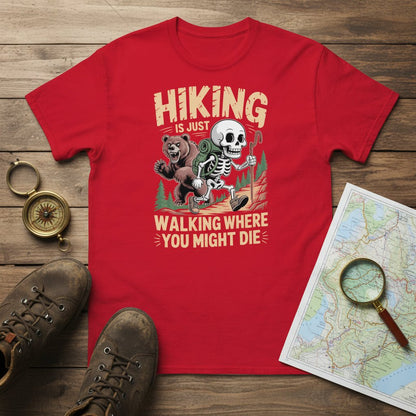 Red graphic hiking T-shirt with skull-and-bear cartoon and slogan text.
