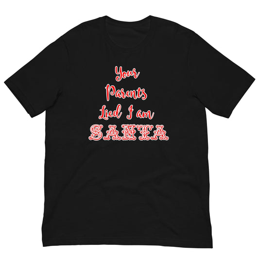 Black Santa-themed T-shirt with red and white 'Santa' text graphic