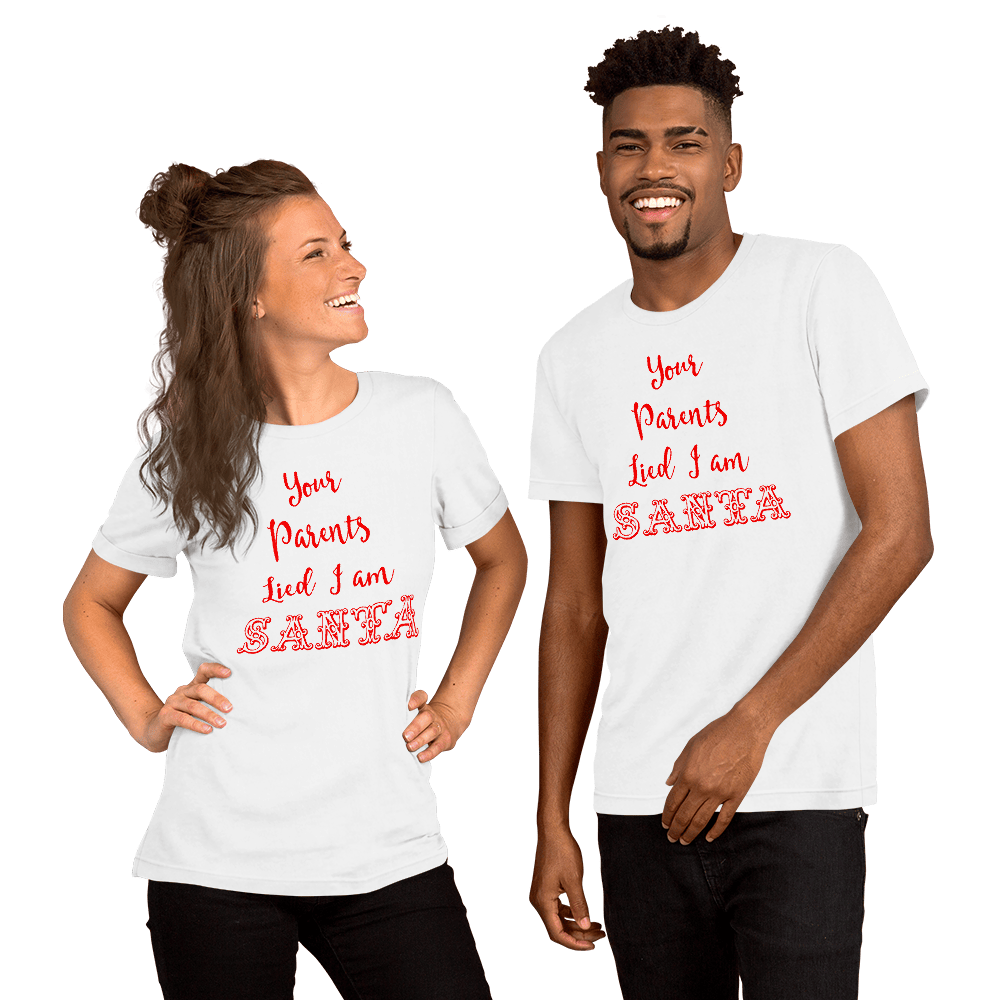 White Santa-themed T-shirt with red and white 'Santa' text graphic on people
