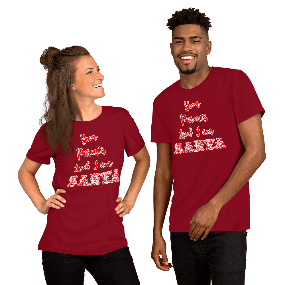 Red Santa-themed T-shirt with 'Santa' text graphic in red and white on people