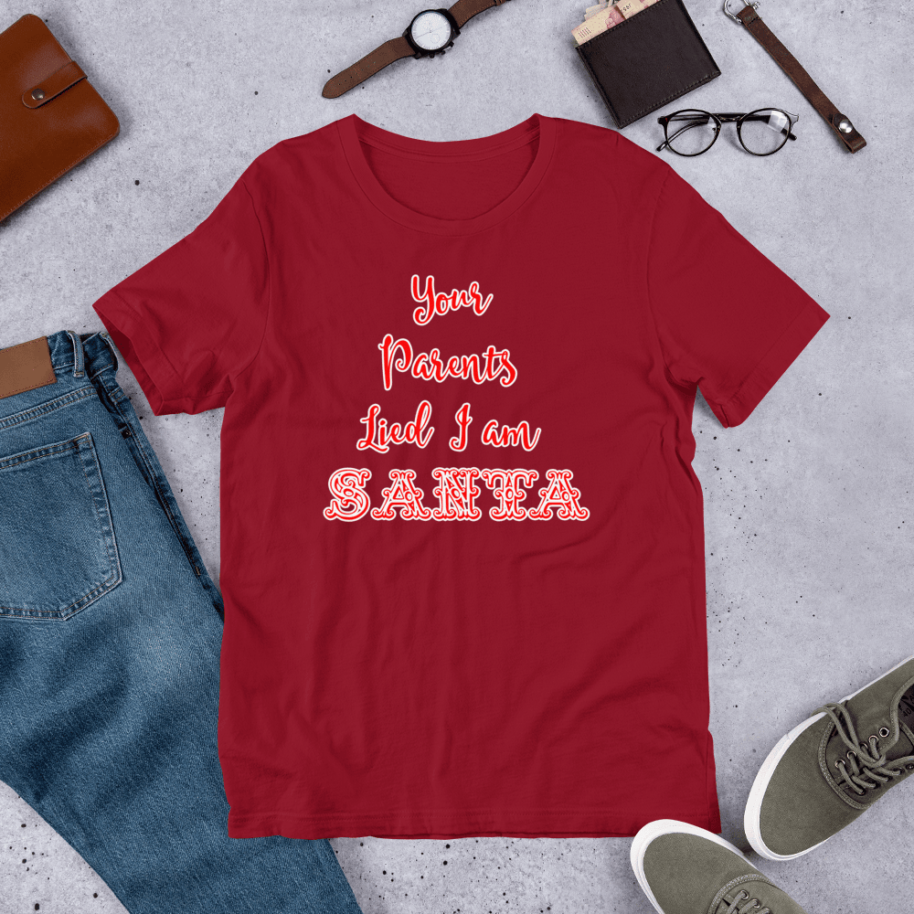 Red Santa-themed T-shirt with 'Santa' text graphic in red and white