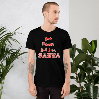 Black Santa-themed T-shirt with red and white 'Santa' text graphic on model
