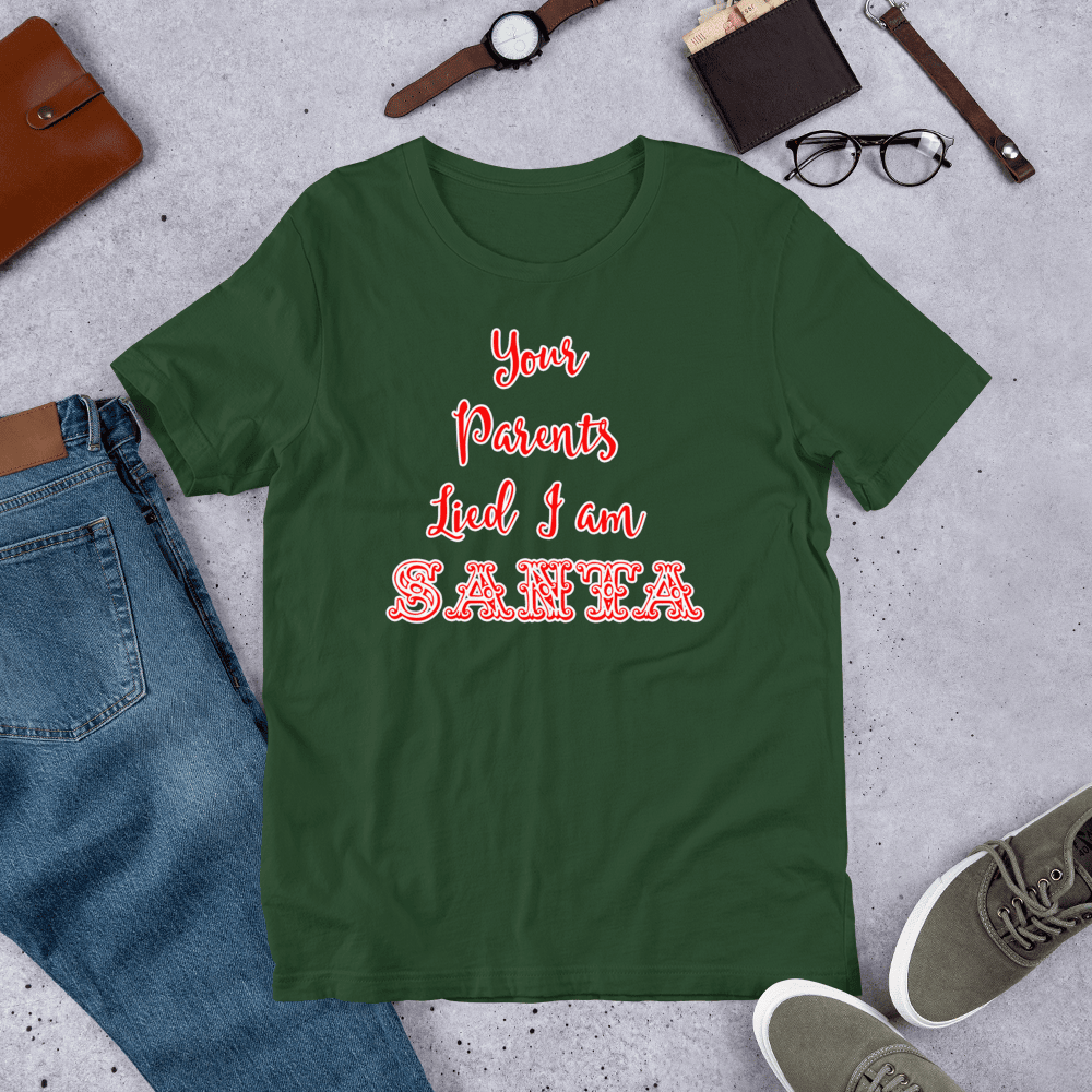 Green Santa-themed T-shirt with red and white 'Santa' text graphic