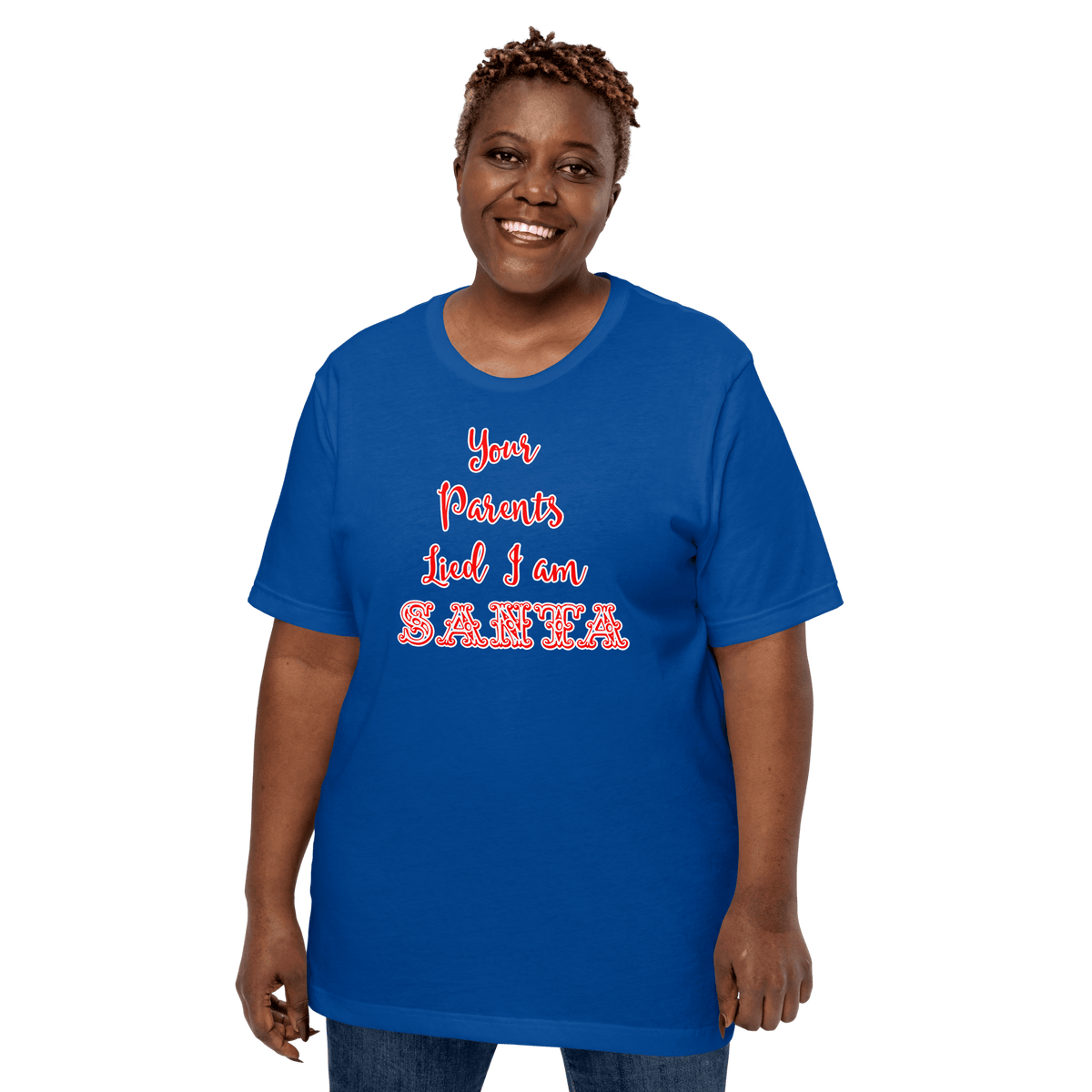 Blue Santa-themed T-shirt with red and white 'Santa' text graphic on model