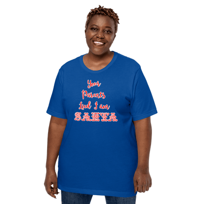 Blue Santa-themed T-shirt with red and white 'Santa' text graphic on model