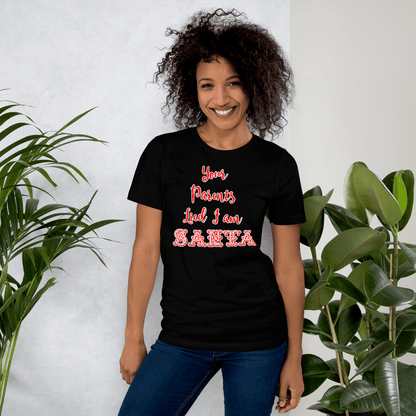 Black Santa-themed T-shirt with red and white 'Santa' text graphic worn by woman