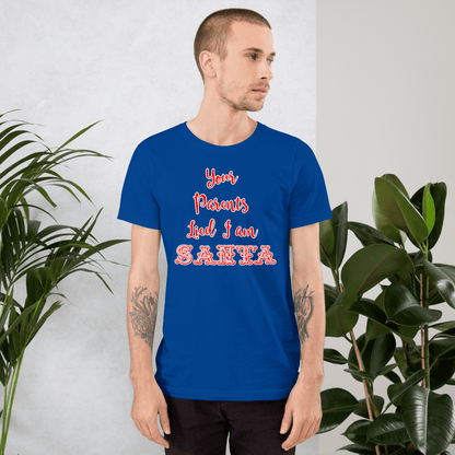 Blue Santa-themed T-shirt with red and white 'Santa' text graphic in side view