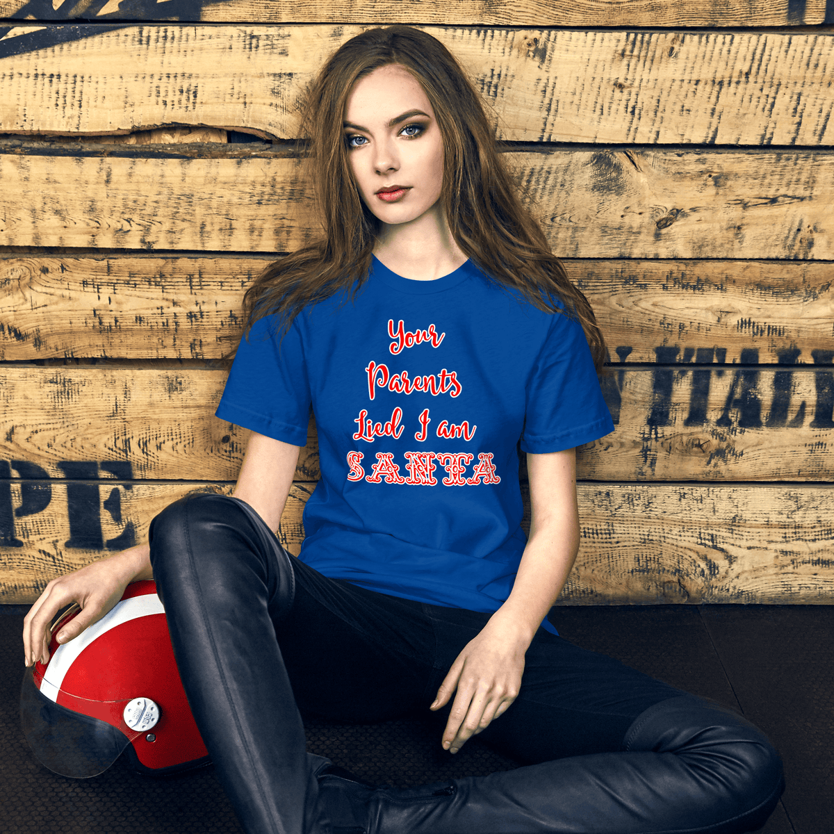 Blue Santa-themed T-shirt with red and white 'Santa' text graphic