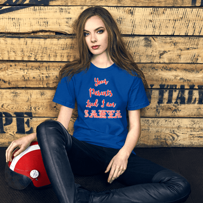 Blue Santa-themed T-shirt with red and white 'Santa' text graphic