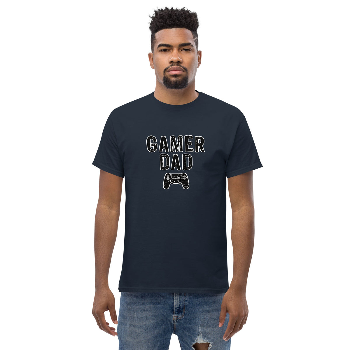 Navy T-shirt with 'GAMER DAD' and controller graphic, front view