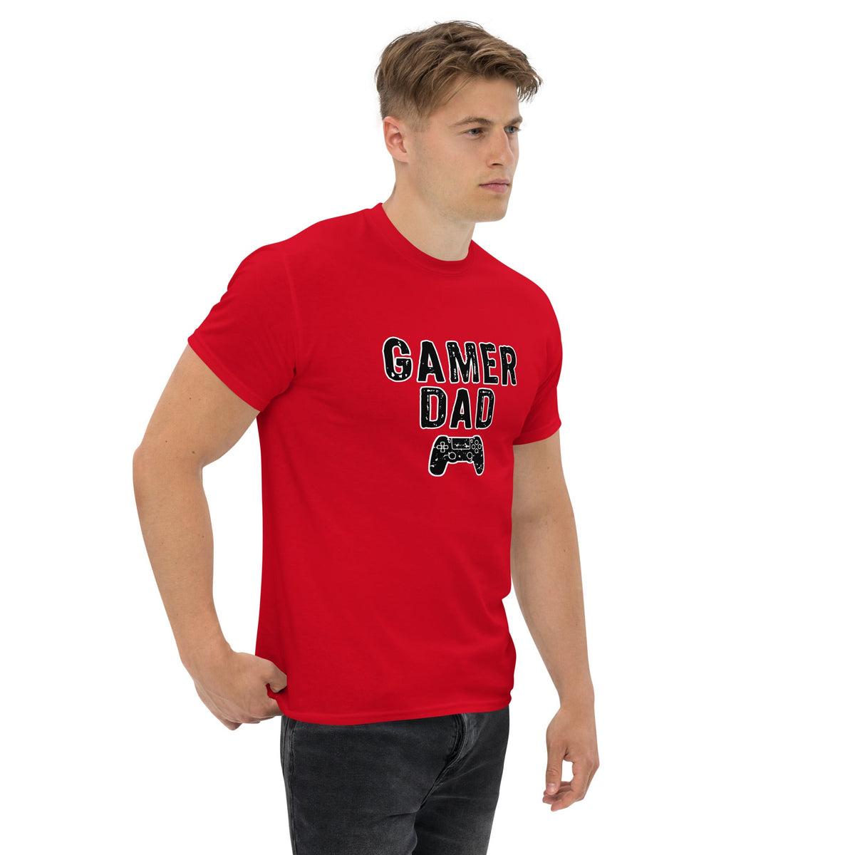 Red Gamer Dad T-shirt with 'GAMER DAD' lettering and controller graphic
