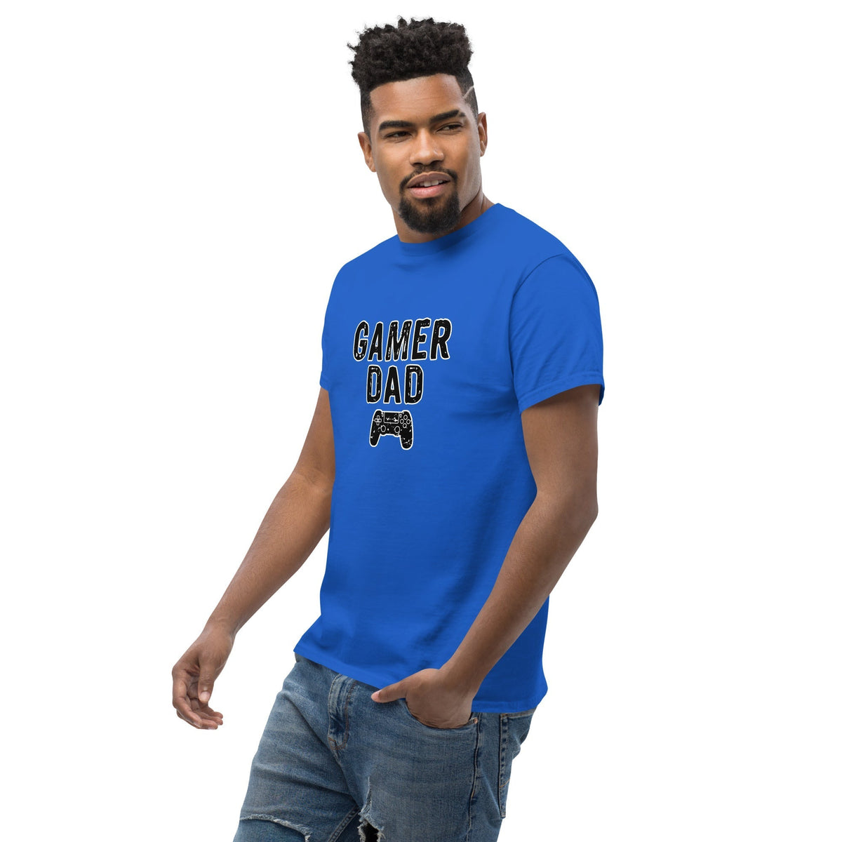 Blue Gamer Dad T-shirt with 'GAMER DAD' print and game controller icon