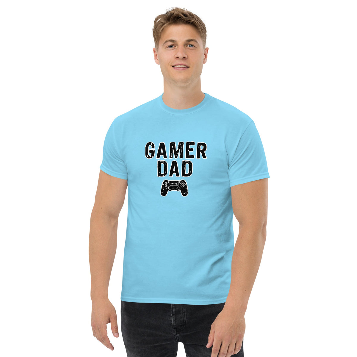 Light blue T-shirt with 'GAMER DAD' and controller graphic