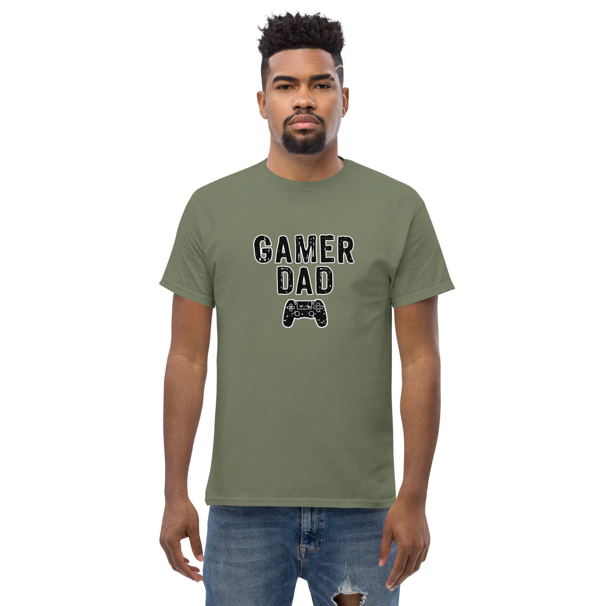Military green T-shirt with “GAMER DAD” video game controller graphic on front