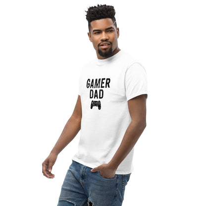 White T-shirt with “GAMER DAD” video game controller graphic on front