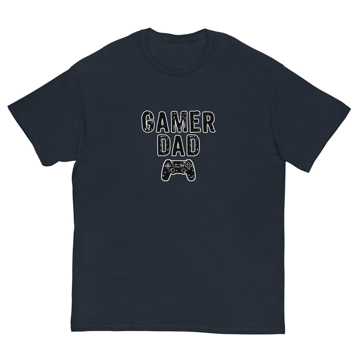 Navy T-shirt with “GAMER DAD” video game controller graphic on front