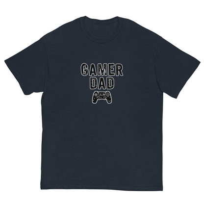 Navy T-shirt with “GAMER DAD” video game controller graphic on front