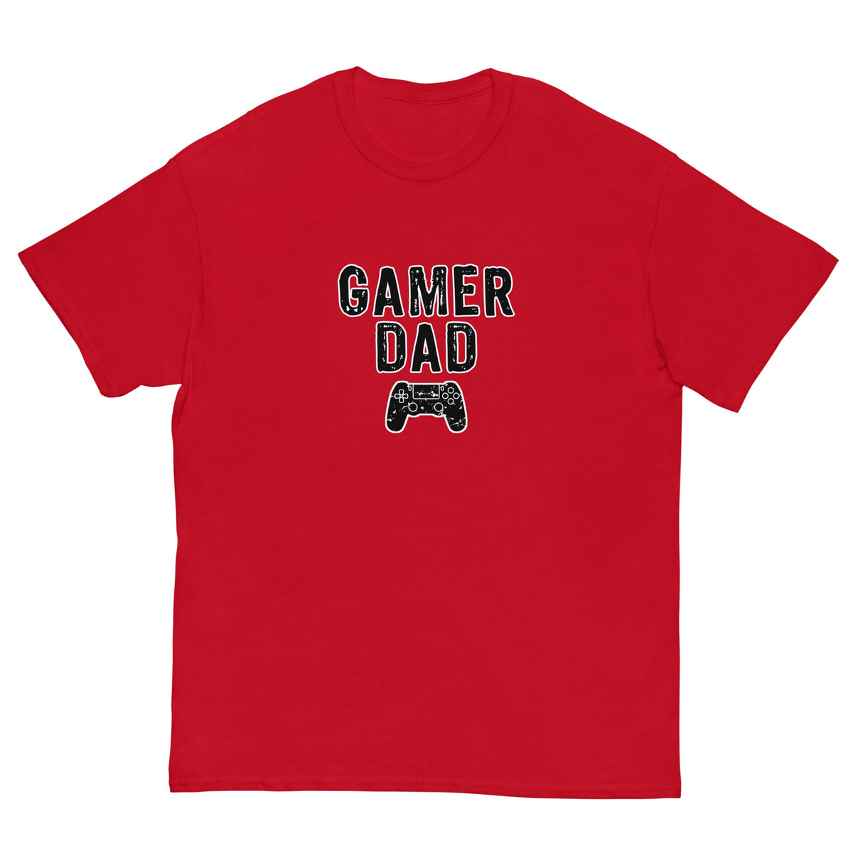 Red T-shirt with “GAMER DAD” video game controller graphic on front