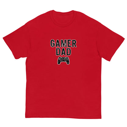 Red T-shirt with “GAMER DAD” video game controller graphic on front
