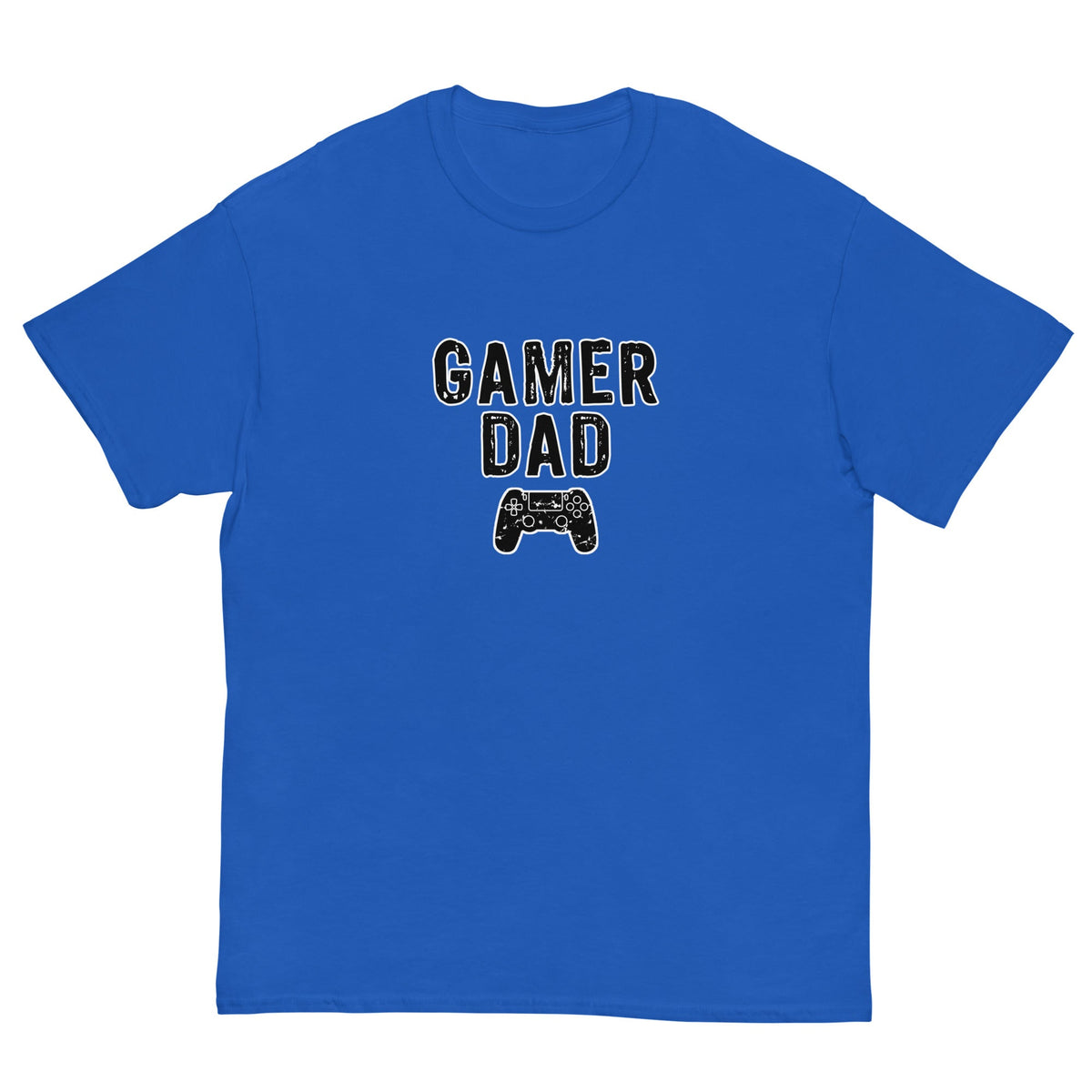Royal blue T-shirt with “GAMER DAD” video game controller graphic on front