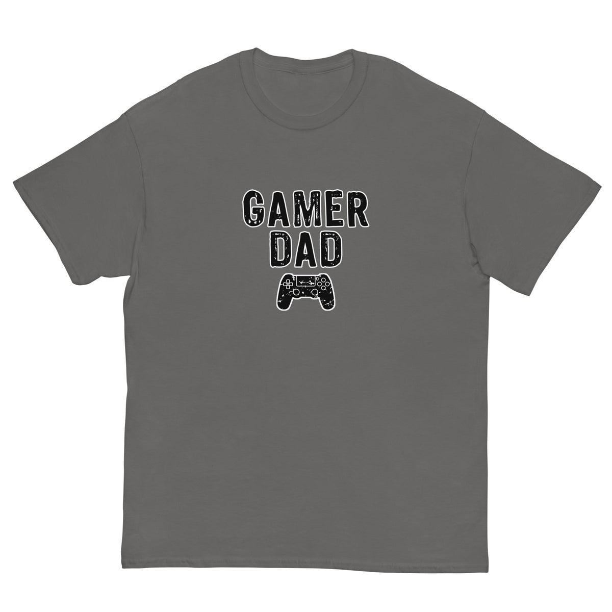 Charcoal gray T-shirt with “GAMER DAD” video game controller graphic on front