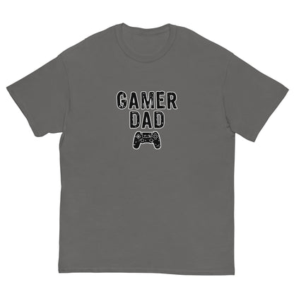 Charcoal gray T-shirt with “GAMER DAD” video game controller graphic on front