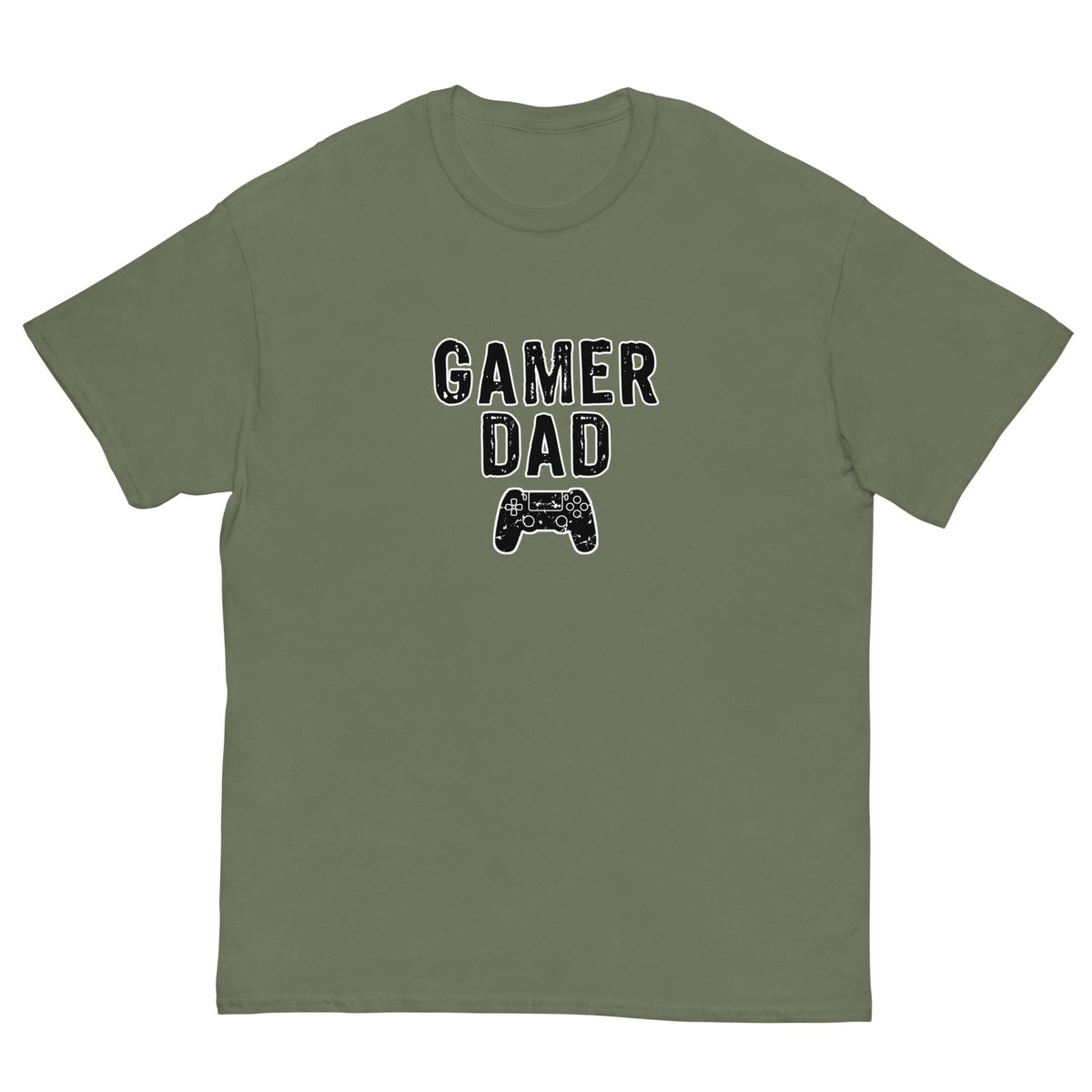 Military green T-shirt with “GAMER DAD” video game controller graphic on front