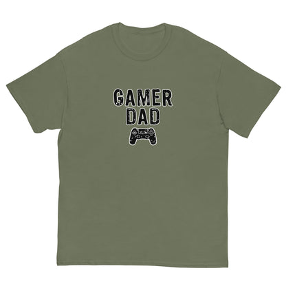 Military green T-shirt with “GAMER DAD” video game controller graphic on front
