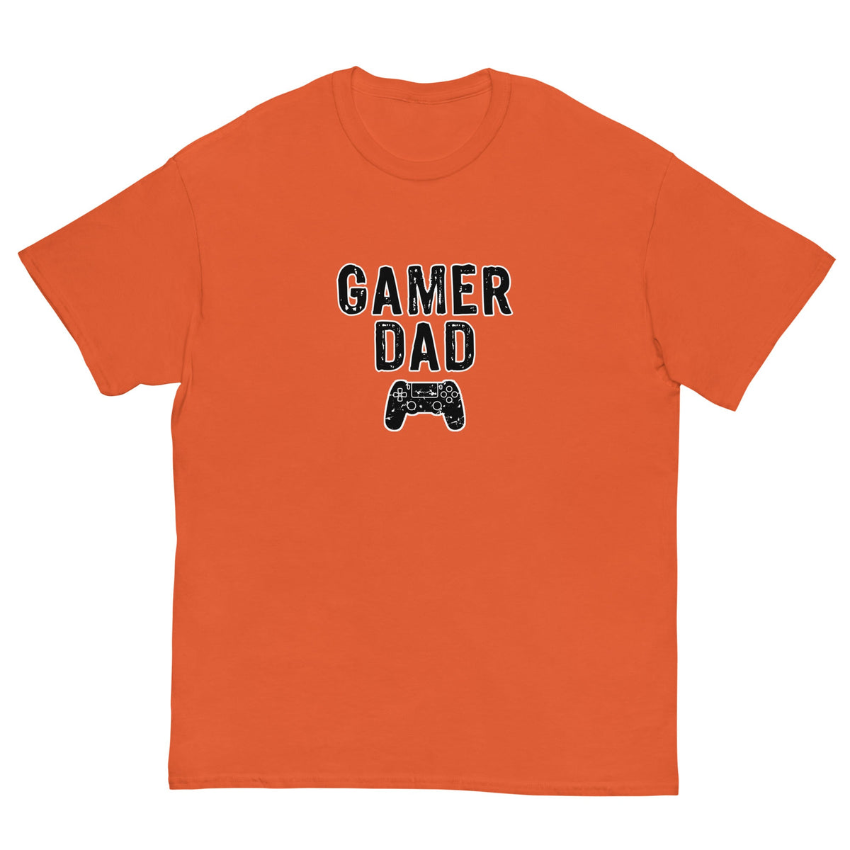 Orange T-shirt with “GAMER DAD” video game controller graphic on front