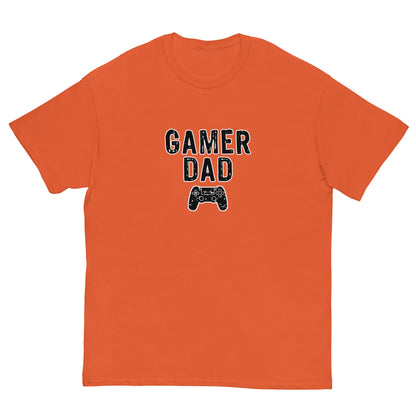 Orange T-shirt with “GAMER DAD” video game controller graphic on front