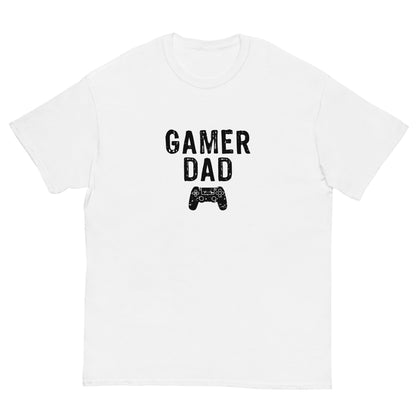 White graphic T-shirt with GAMER DAD text and game controller icon