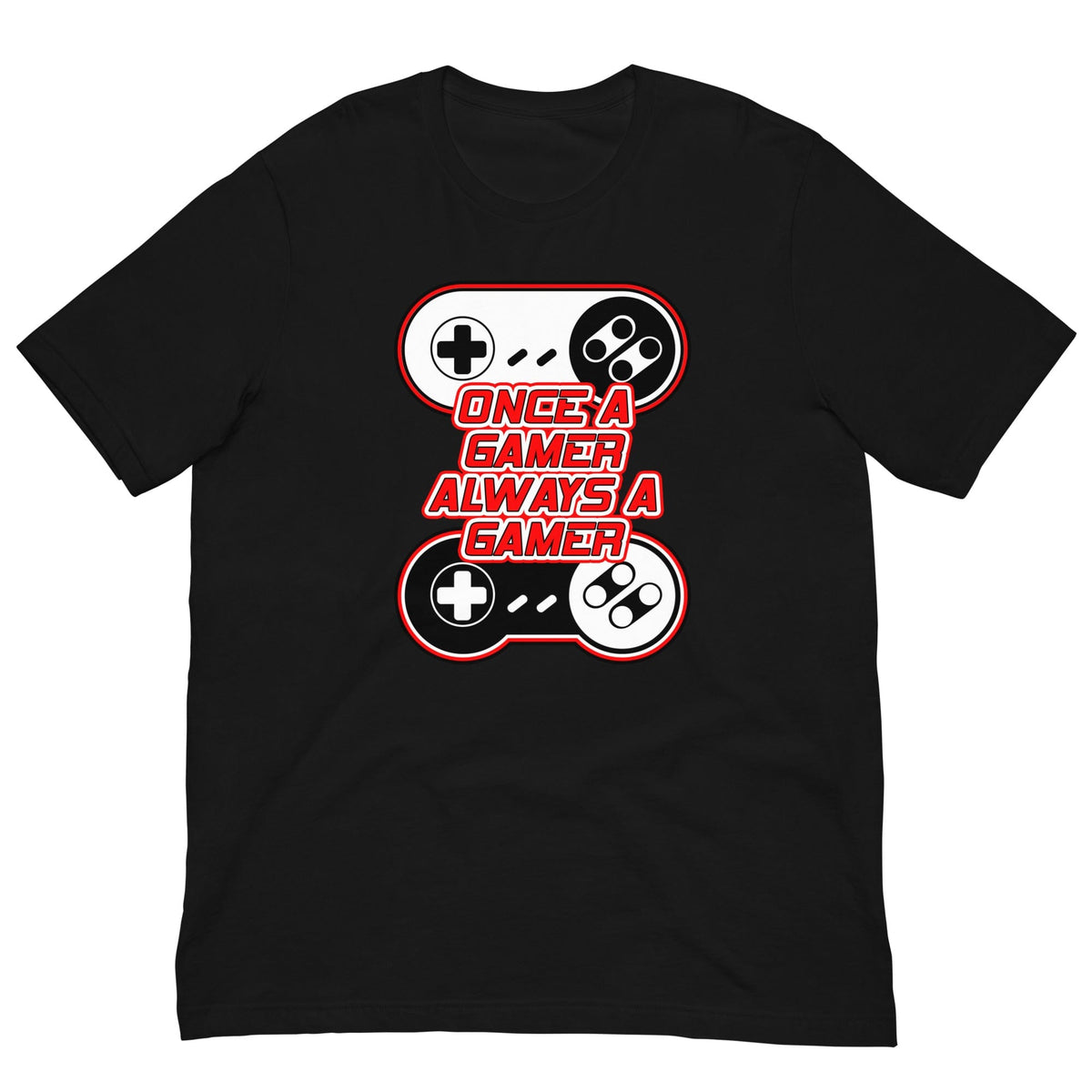 Black T-shirt with large controller graphic and red text design on the chest