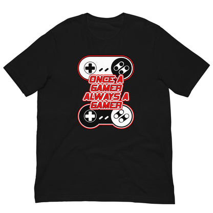 Black T-shirt with large controller graphic and red text design on the chest