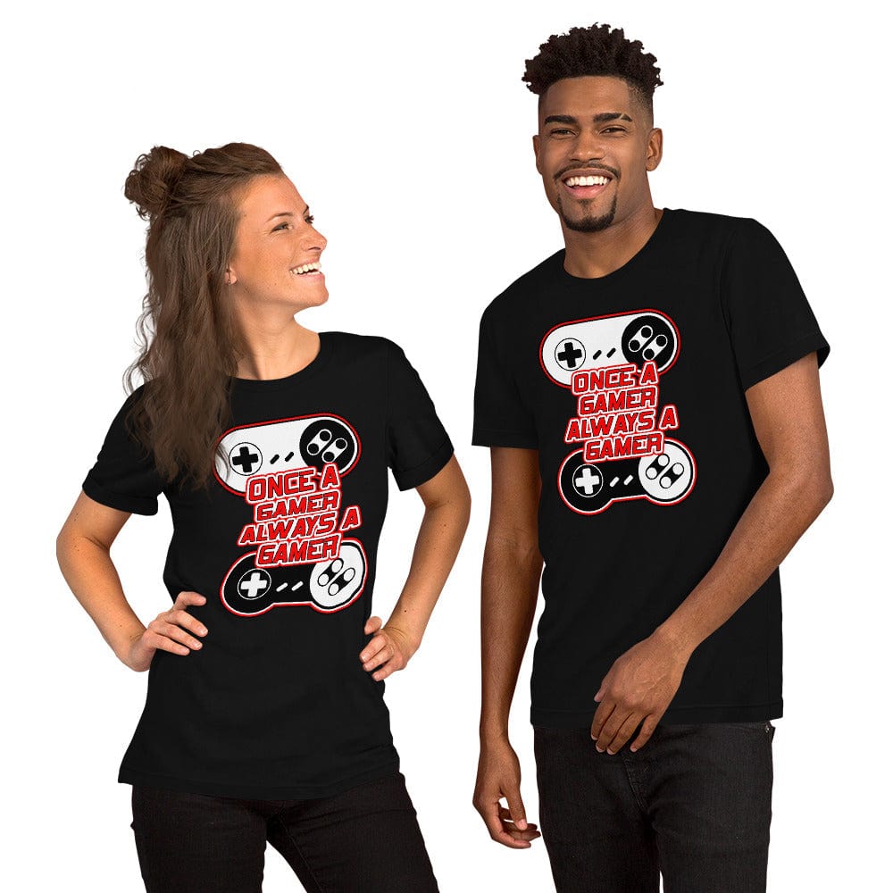 Black T-shirt with controller graphic and red-and-white slogan print, crew neck front