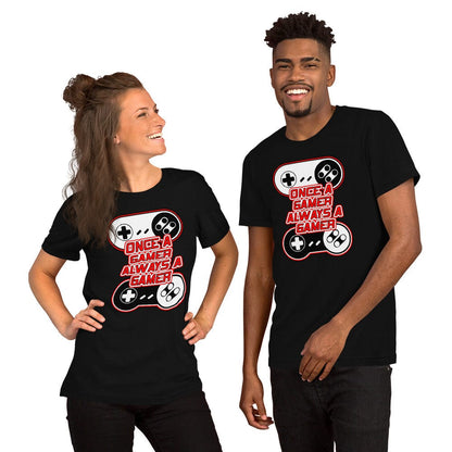 Black T-shirt with controller graphic and red-and-white slogan print, crew neck front