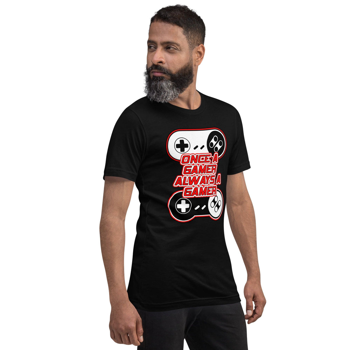 Black T-shirt with controller graphic and red-and-white slogan print on the chest