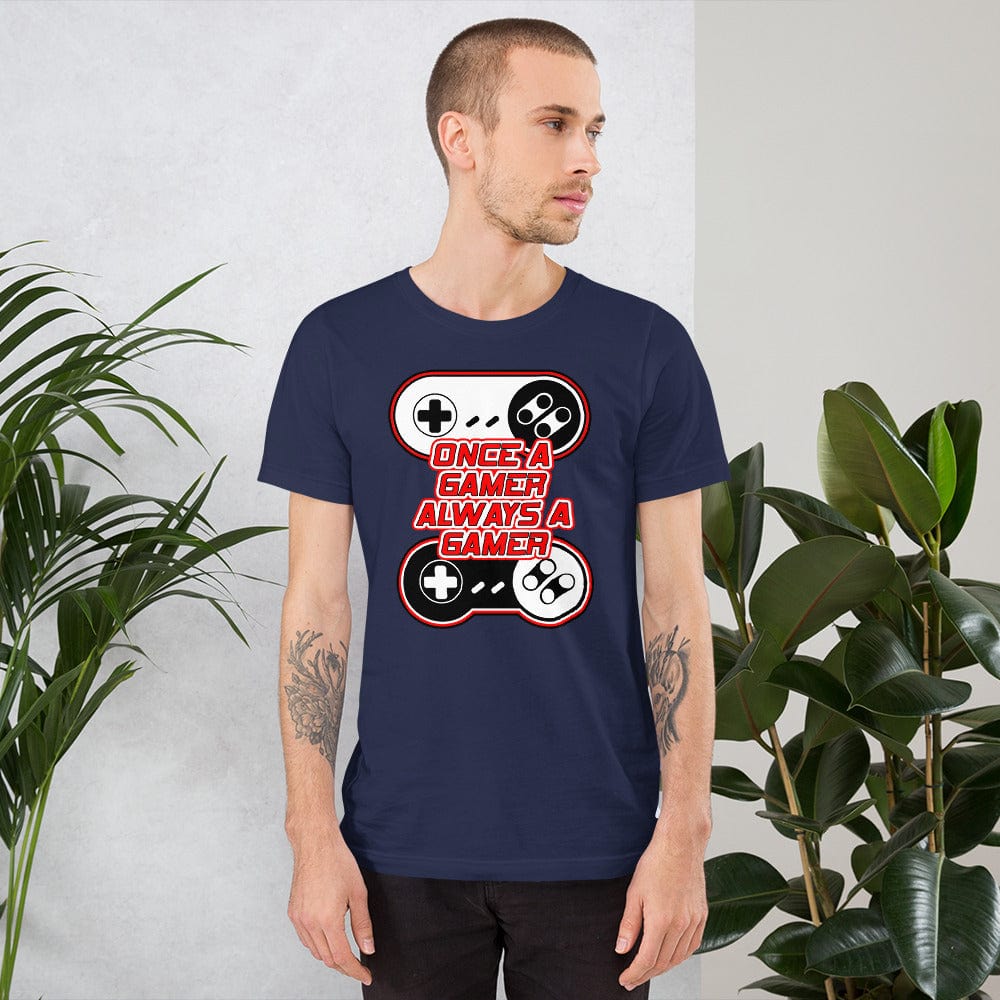 Navy T-shirt with controller graphic and red-and-white slogan print on the front
