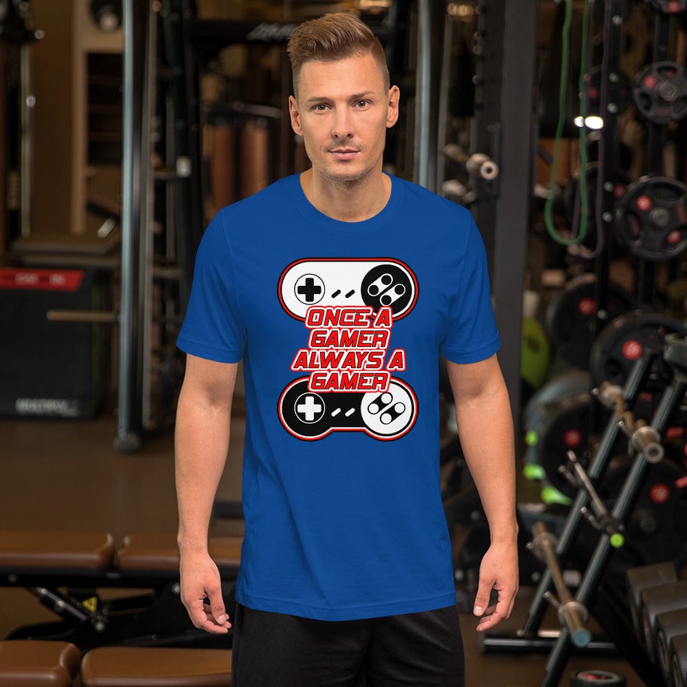 Blue T-shirt with controller graphic and red-and-white slogan print on the chest