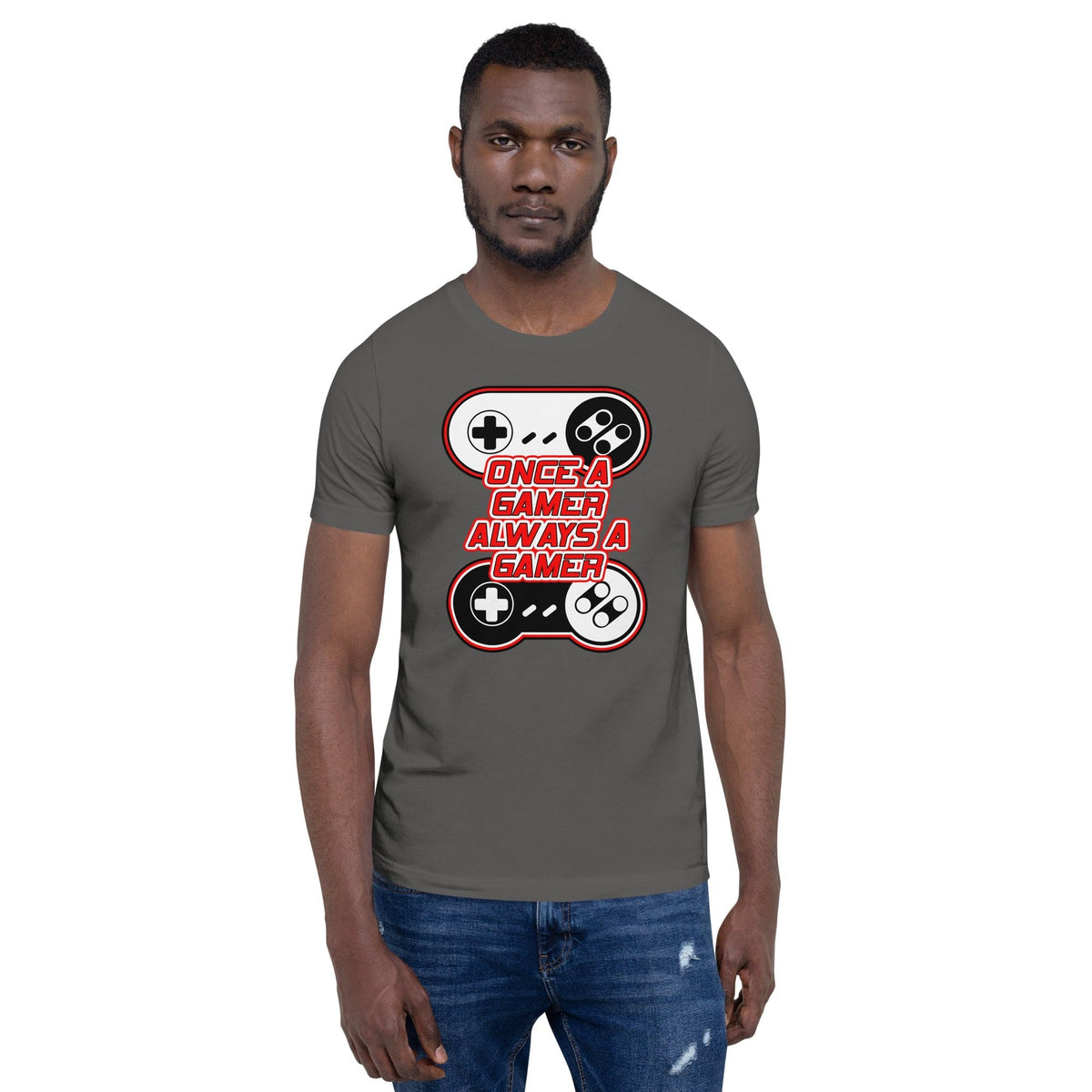 Dark gray T-shirt with controller graphic and red-and-white slogan print on the chest