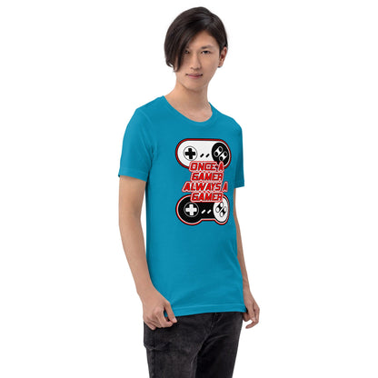 Aqua T-shirt with controller graphic and red-and-white slogan print on the front