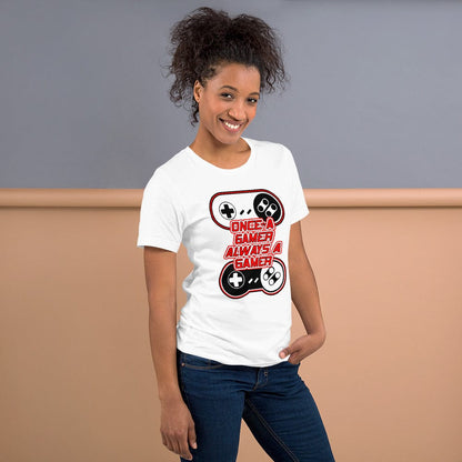 White T-shirt with controller graphic and red-and-white slogan print on the front