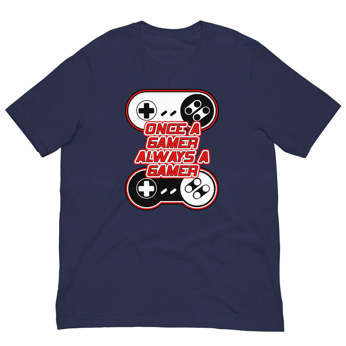 Navy T-shirt with controller graphic and red-and-white slogan print centered on chest