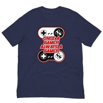 Navy T-shirt with controller graphic and red-and-white slogan print centered on chest