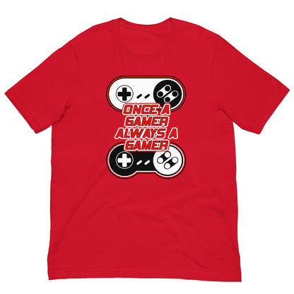Red T-shirt with large controller gamer graphic and text